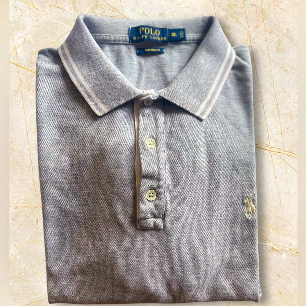 ⚜️Polo Ralph Lauren Light Grey Polo Shirt XL White Striped Collar ⚜️